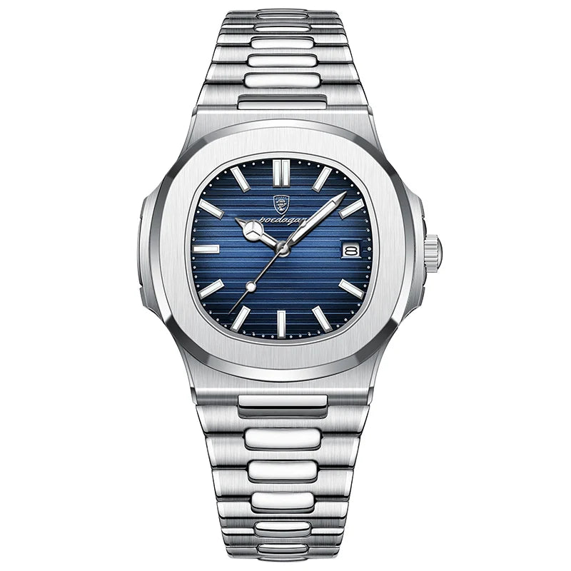POEDAGAR Stainless Steel Watch Men Luxury Brand Business Luminous Waterproof Male Clock Square Calendar Men Quartz Wristwatches